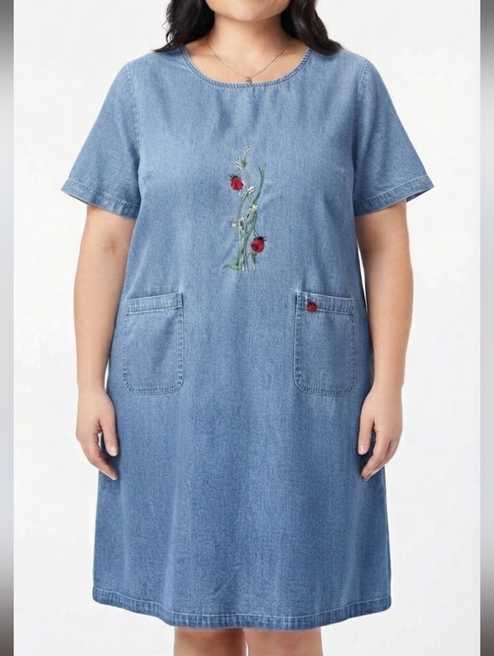 Vintage Country Store Denim Dress Short Sleeve Lady Bugs Embroidered Pockets 3XL